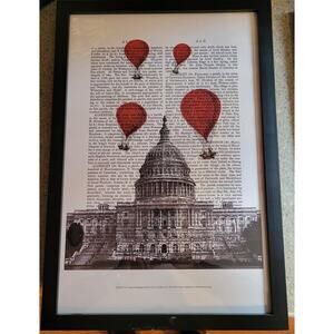 Fab Funky US Capitol DC Red Hot Air Balloons Dictionary Page Print 19 x13 Framed